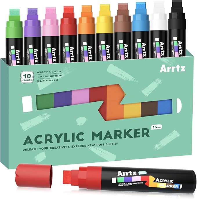 Arrtx 10-Piece Jumbo Acrylic Paint Markers, 15mm Felt Tip, Waterproof, Odorless, Non-Toxic, Multi-Surface Art Supplies for Rock Painting, DIY Crafts Making