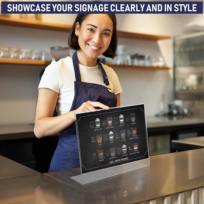 Slant Back Acrylic Sign Holder 11 x 8.5 Inches, 6-Pack Landscape Ad Frame, Flyer Display Stand. Menu and Table Sign Holder for Home, Office, Store, or Restaurant. Acrylic Stands for Paper and Signage