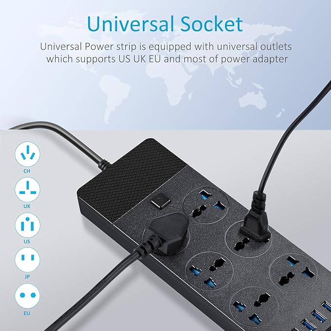 UK to US Plug Adapter, Jumpso Power Strip with 6 International Outlets and 4 USB Ports (1 USB C), 110-240v, 3000w, 6Ft, Universal Travel Adapter Extension Cord for Electrical Equipment