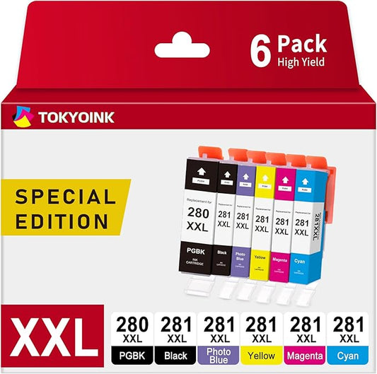 TOKYOINK Compatible Ink Cartridge Replacement for Canon PGI-280XXL CLI-281XXL PGI 280 XXL CLI 281 XXL to use with PIXMA TS8320 TS8220 TS8120 (PGBK, Black, Photo Blue, Cyan, Magenta, Yellow) 6 Pack