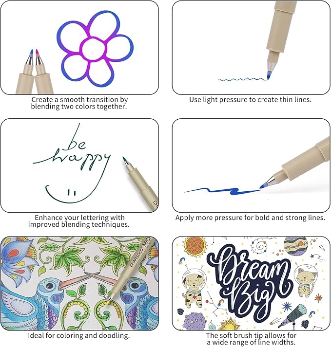 Arts Sign Brush Pen, Felt Tip Water Based Ink with 12 Colors, for Journaling, Lettering, Calligraphy, Technical Drawing and Scrapbooking