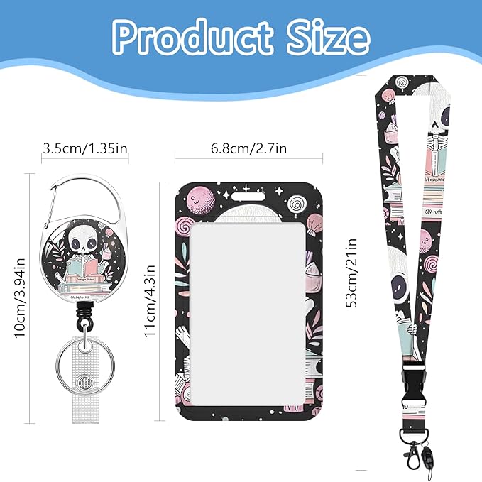 Cute Skull Reading Badge Holder Reel Lanyard,ID Card Badge Holder Retractable Name Tag Clips for Doctor Nurse Teacher Office Student