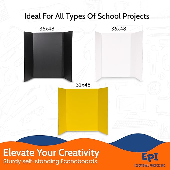 EPI Tri Fold Cardboard Display Board. Large 36 x 48in White Tri-fold Poster 12 Pack. Professional Presentation Boards with Rounded Corners for Science Fair Project, School and Business Presentations