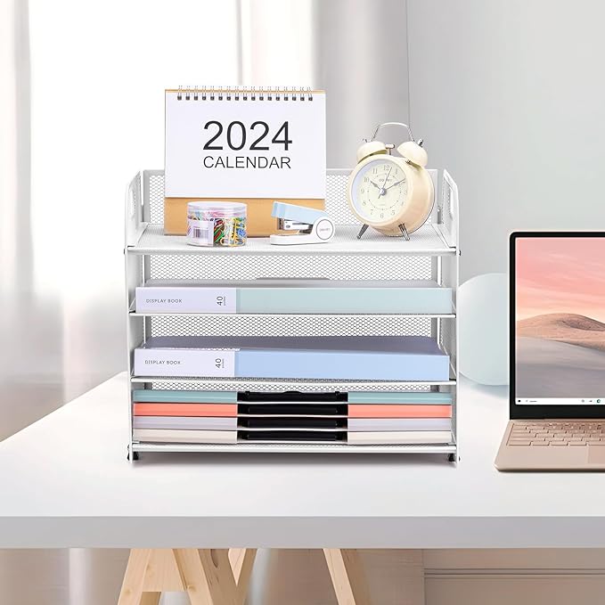 4-Tier Paper File Tray Organizer, Desk Organizer Tray with Handle, Mesh Desk File Organizer for Office Supplies Desktop Accessories - White