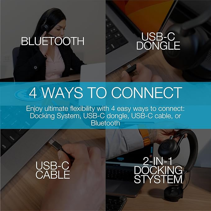 JLab Epic Work Wireless Headset with Microphone, Smart Active Noise Cancellation, Charging Hub, 90+ Playtime, Quick Mute, Bluetooth Headphones, Multipoint Connect, PC, Laptop, Mobile, (1 Pack)