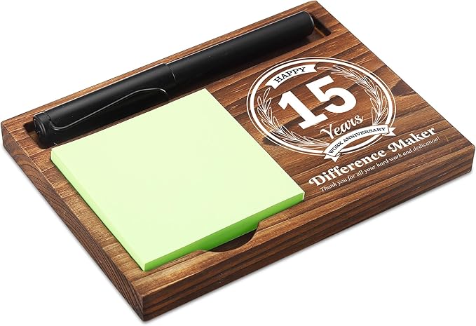 15th Work Anniversary Sticky Note Holder Wooden Notepad & Pen Holder 6.5" x 4.7" Sticky Note Pad Holder Dispenser for Desk Difference Maker Work Appreciation Gifts, NPA229