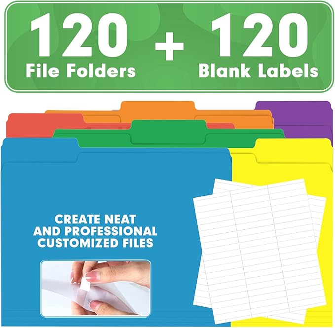 File Folder, HERKKA 120 Pack 1/3 Cut Tab File Folders, Colored File Folders Great for Organizing and Filing, Letter Size, Assorted 6 Colors