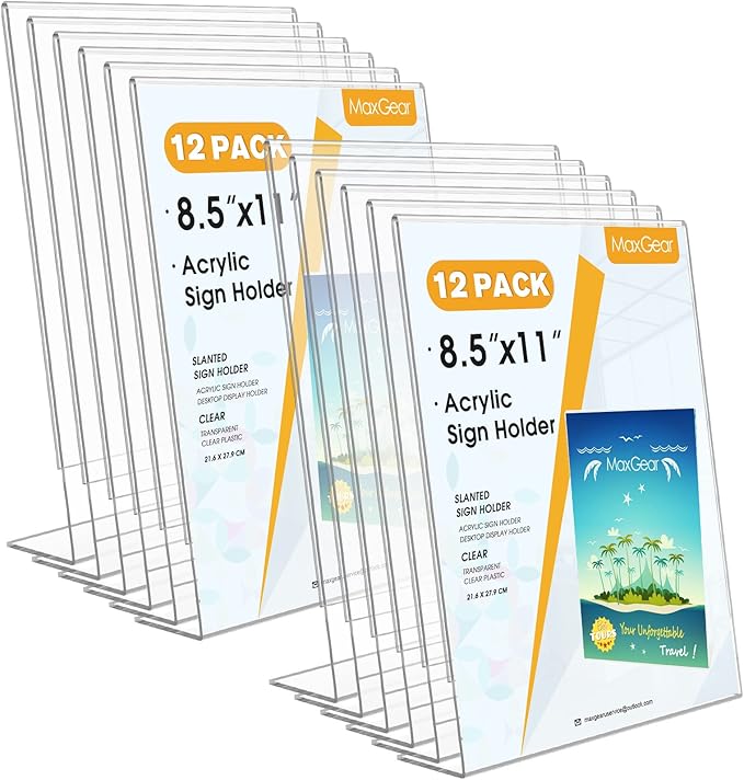 MaxGear Acrylic Sign Holder 8.5 x 11 Inches, Clear Sign Holders Plastic Display Stand Slant Back Countertop Display Picture Frames for Menus, Flyer, Use In Office, Store, 12 Pack