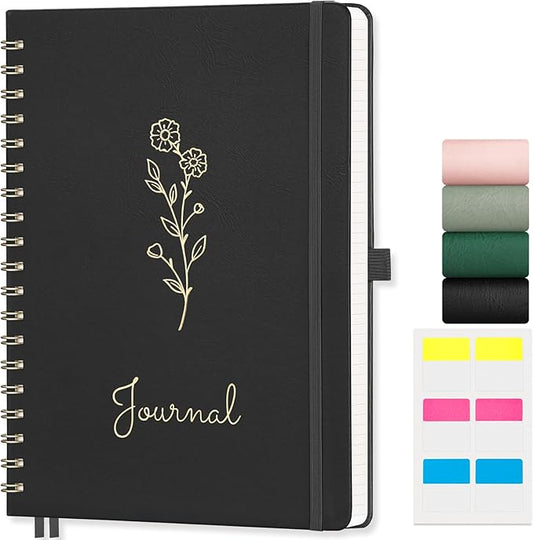 EMSHOI B5 Graph Grid Notebook -140 Pages 100GSM Grid Paper, Vegan Leather Floral Cover with Spiral Binding for Engineering, Bullet Journaling, School & Work - Includes Ruler, Pockets & Stickers -Black