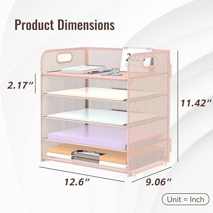 2 Pack 5-Tier Pink Desk Organizer with Handle Mesh Desk File/Paper Organizer Letter Tray for Office, School and Home Easy Installation