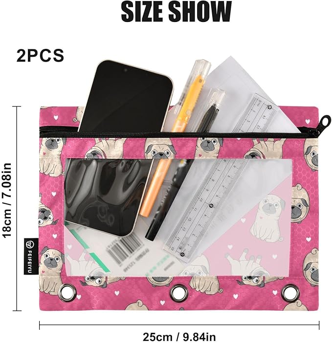 ALAZA Pencil Pouch for 3 Ring Binder, Pug Dog Animal Heart Pink Binder Pencil Pouches with Clear Window Zipper Pencil Case Cosmetic Bags for Office College Supplies, 2PCS