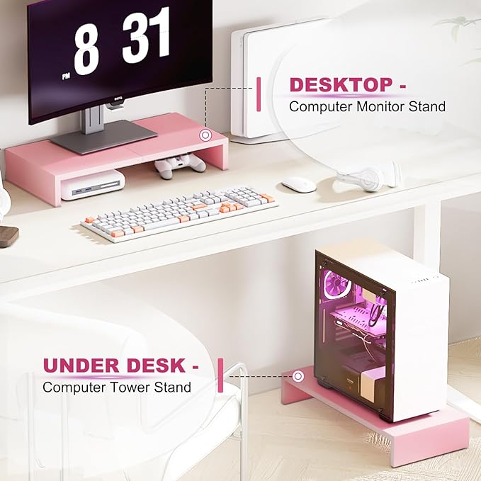 TEAMIX Pink Monitor Riser-20L inch, Wood Monitor Stand for Desk, Sturdy TV/Screen/PC/Printer/Laptop Riser,Computer Shelf with Storage TV Holder for Home Office (Pink, 20 inch)