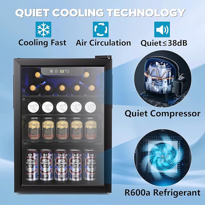 2.7 Cu.ft Beverage Refrigerator Cooler, 95 Can Mini Fridge Glass Door with Adjustable Shelves, Digital Temperature Display, Freestanding Small Drink Fridge for Home, Office or Bar(Black)