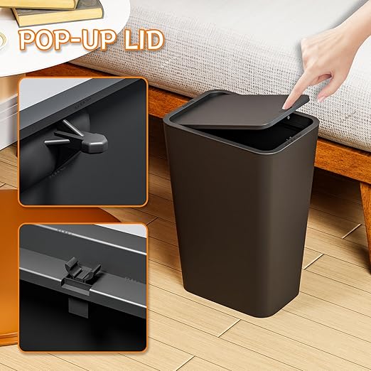 12L Black Covered Bathroom Trash Can,Office Trash Cans for Near Desk,Slim Bedroom Cute Small Trash Can,3.17Gallon Plastic Pet/Dog Proof Bathroom Garbage Can,Thin Waste Basket for Room,Kitchen Trashcan