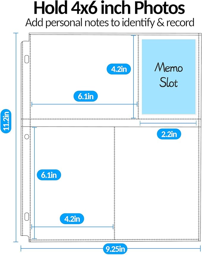 100 Pack 4x6 Photo Sleeves for 3 Ring Binder - 600 Photos, Clear Album Refill Pages, Acid Free Plastic Archival Protector Sleeves, Pages Sheets for 8.5x11 Binder