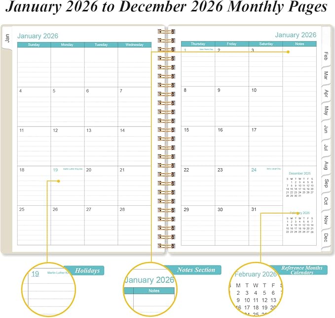 2026 Planner - Weekly and Monthly Calendar Planner from Jan 2026 - Dec 2026, Planner 2026 Spiral Bound with 12 Monthly Tabs, Inner Pocket, Perfect for School Office Supplies, 6.4" x 8.5", Beige