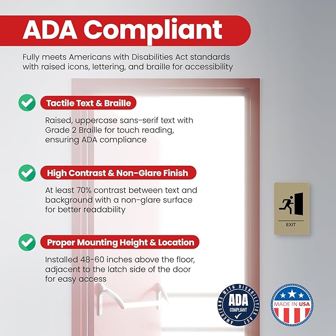 Promot Exit Sign – ADA Braille Exit Sign for Business, Self-Adhesive, 9" x 6", Commercial Door Signage, Office Wall Decor - Taupe