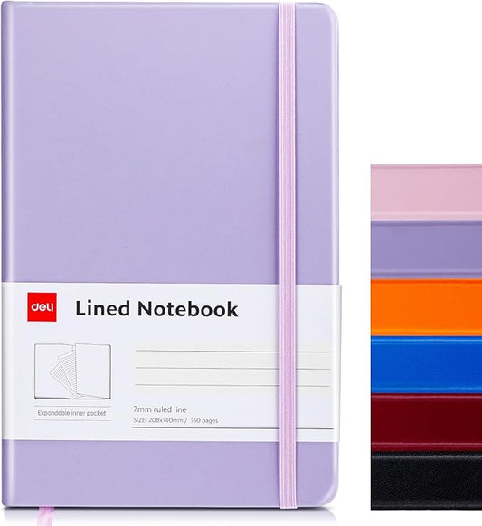 deli A5 Lined Journal Notebook, 160 Pages Hardcover Writing Notebook, 5.5"x8.2" College Ruled Notebook for Office, School, Work Notes (Purple)