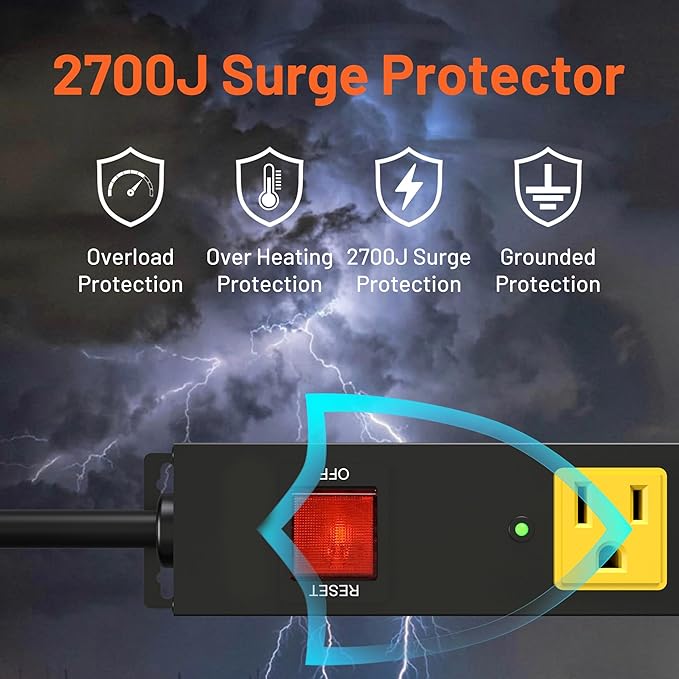 Heavy Duty 6 Outlet Metal Long Power Strip, 2700J Surge Protector with 15A Circuit Breaker, 15FT Extension Cord, Wall Mount for Garage, Workshop & Industrial Use, Wide Spaced (15ft)