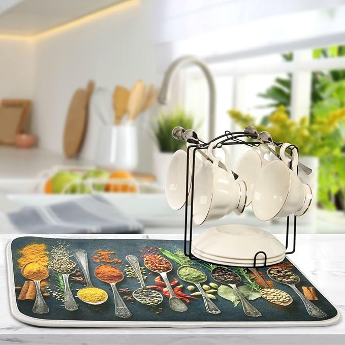 Cooking Herbs Spices Dish Drying Mat for Kitchen 16 X 18 Inches Dry Dishes Pads Mats Tableware Protector Countertops Counter Mat Home Decorations