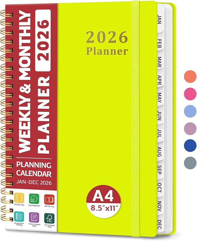 2026 Planner, Weekly and Monthly Calendar Planner, January 2026 - December 2026, Hardcover 2026 Calendar Planner Book with Tabs For Women & Men, Inner Pocket, Spiral Bound, Perfect for Office Home School Supplies - A4 (8.5" x 11"), Lemon Yellow