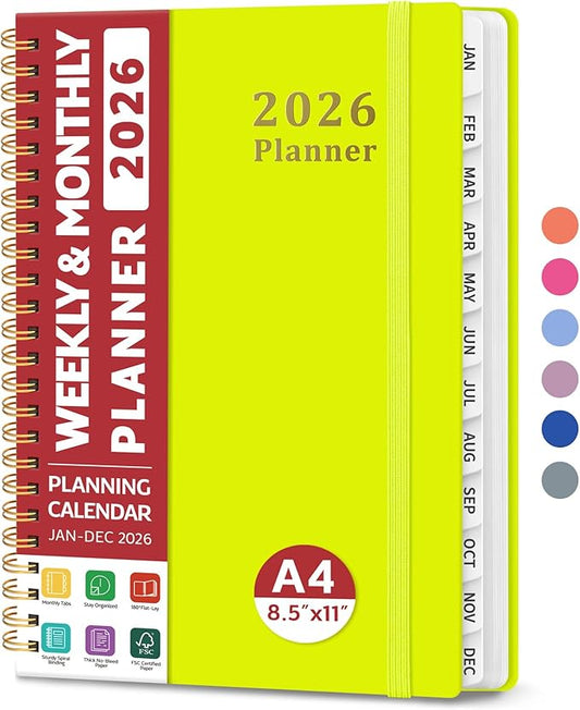 2026 Planner, Weekly and Monthly Calendar Planner, January 2026 - December 2026, Hardcover 2026 Calendar Planner Book with Tabs For Women & Men, Inner Pocket, Spiral Bound, Perfect for Office Home School Supplies - A4 (8.5" x 11"), Lemon Yellow