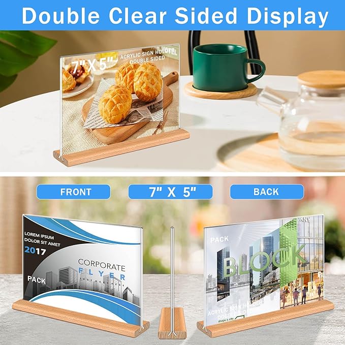 Kersally Acrylic Sign Holder 7 x 5'', 3 Pack Double-Sided Clear Table Display Stands with Wood Base,Horizontal Acrylic Frame Menu Flyer Paper Holder for Store, Restaurant, Hotel, Office, Show Fair