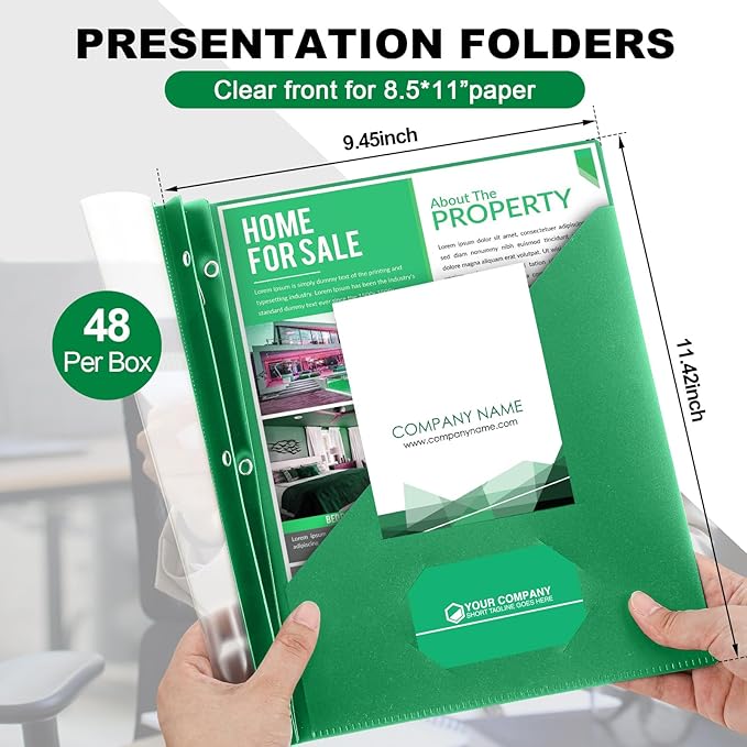Teling 48 Pcs Clear Front Report Covers with 3 Prongs Fasteners, 11.42 x 9.45 Inch Plastic Book File Covers 90 Sheet Capacity, Presentation Folder with Green Back Cover for Office Business