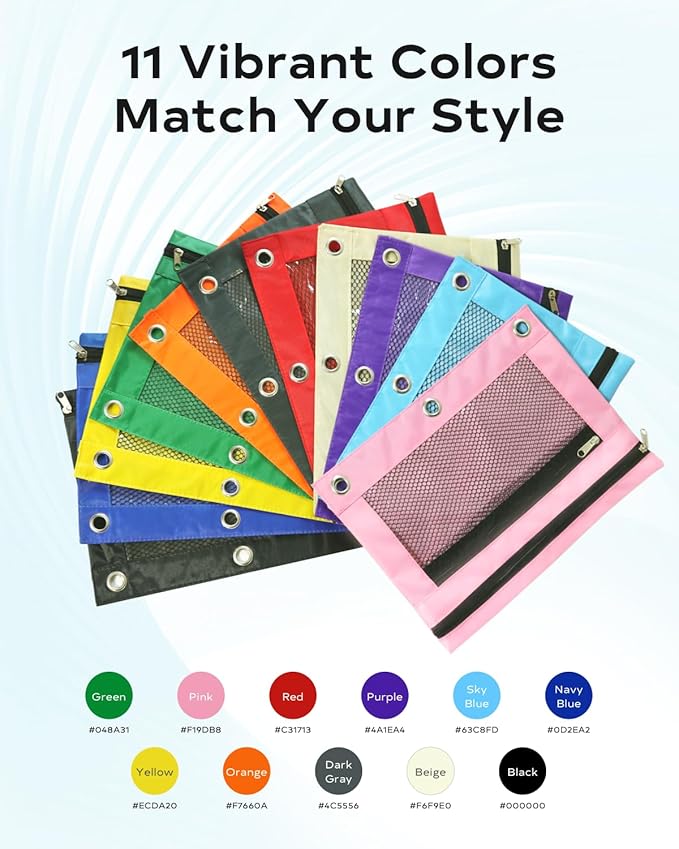 Pencil Pouch for 3 Ring Binder - 3 Hole Zipper Pen Case Bag Holder Bulk Accessories Clear Window Aesthetic Organizer Pockets (Beige, 1)