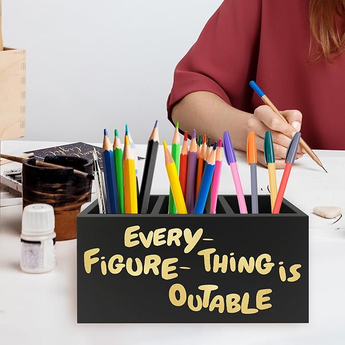 Everything Is Figureoutable Pen Pencil Holder Organizer for Desk, Inspirational Motivational Wooden Box Signs Decorations for Home Office Desk Tabletop, Inspirational Gifts