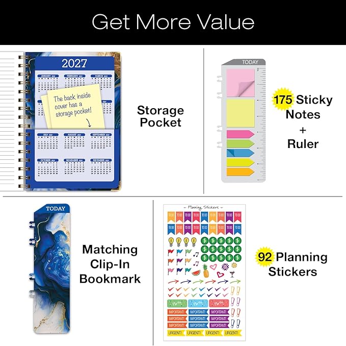 HARDCOVER 2026 Planner, 5.5"x8": 14 Months (November 2025 - December 2026), Daily Weekly Monthly Planner, Yearly Agenda, Bookmark, Pocket Folder and Sticky Note Set (Dark Blue Marble)