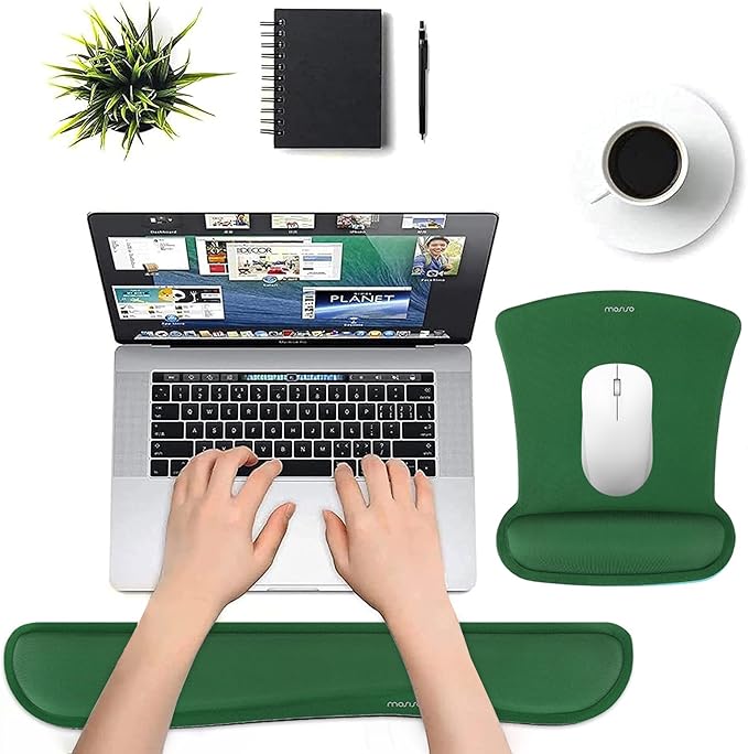 MOSISO Wrist Rest Support for Mouse Pad & Keyboard Set, Ergonomic Mousepad Non-Slip Base Home/Office Pain Relief & Easy Typing Cushion with Neoprene Cloth & Raised Memory Foam, Jungle Green