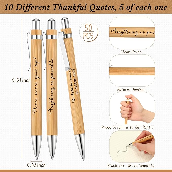 Fulmoon 100 Pcs Employee Appreciation Gifts Bulk Inspirational Bamboo Pens Motivational Thank You Wood Writing Ballpoint Pens for Coworkers Team Staff Leadership Teacher Student Back to School Gifts