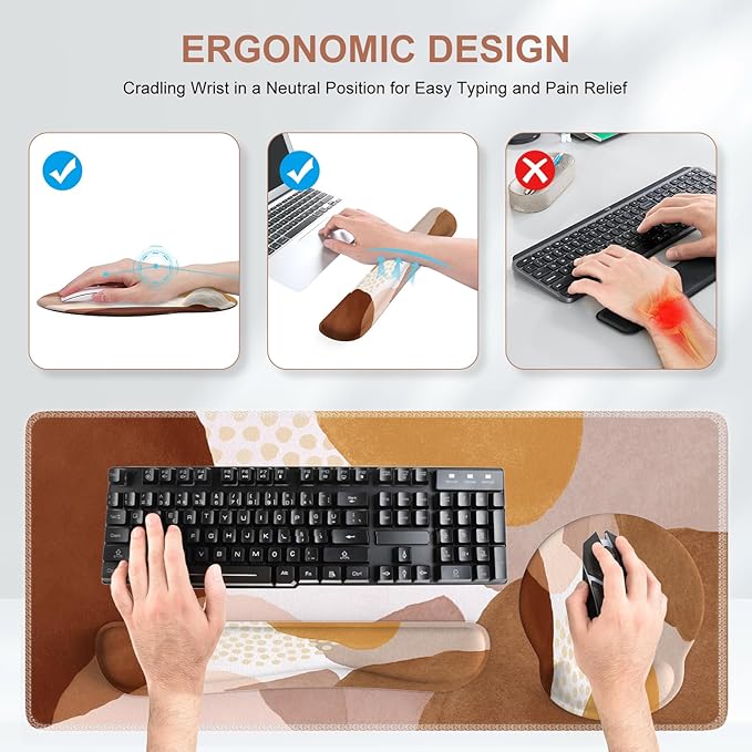 iCasso Desk Mat, Gaming Mouse Pad Wrist Support Set, XXL Large Mousepad + Keyboard Wrist Rest+Mouse Wrist Rest+Coastert with Ergonomic Design for Home Office Computer (C-Four-Coffee-Color-Block)