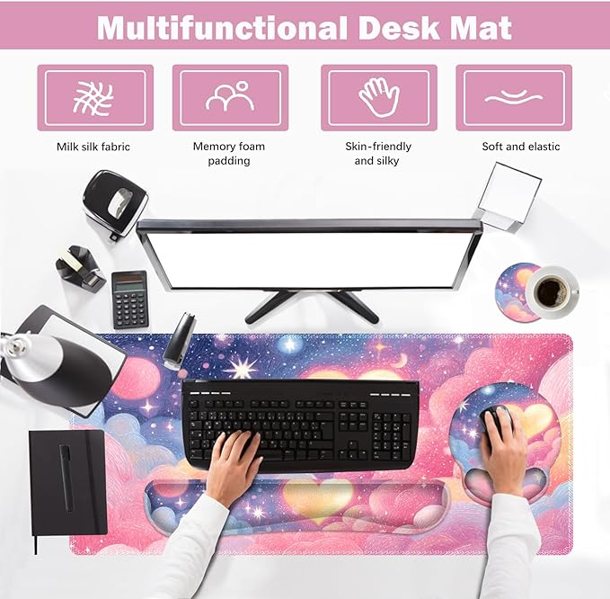 ARTSO Desk Mat Combo, Large Mouse Pad with Wrist Rest, Keyboard Wrist Support Desk Pad, Ergonomic Mousepad with Non-Slip Base for Home Office Game, Colorful Clouds