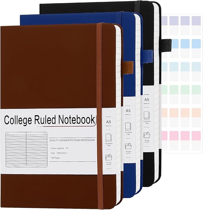 A5 Lined Journal Notebooks for Work, 192 Pages, Medium 5.7 x 8.3inch, College Ruled, Vegan Leather Hardcover Journals for Women Men,3 Pack
