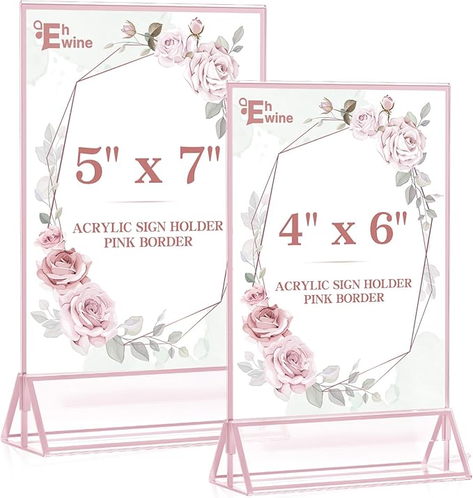 EHWINE 12 Pack Acrylic Sign Holder 4 x 6, Double-Sided Stand up Table Top Sign Holders, Pink Acrylic Picture Frame Menu Flyer Paper Holder Display Stand for Office Business Store Wedding Party