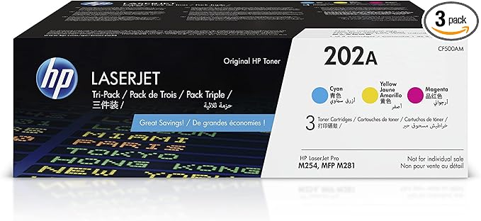 HP 202A Cyan, Magenta, Yellow Toner Cartridges (3 Pack) | Works with HP Color LaserJet Pro M254, HP Color LaserJet Pro MFP M281 Series | CF500AM