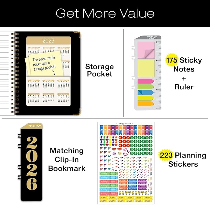 HARDCOVER 2026 Planner, 8.5"x11": 14 Months (November 2025 - December 2026), Daily Weekly Monthly Planner, Yearly Agenda, Bookmark, Pocket Folder and Sticky Note Set (Black Gold Numbers)