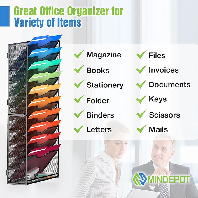 11 Tier Wall File Holder Hanging Wall Mount Paper File Organizer for Mails Folders Document Magazine Organization, for Office School Home, Black