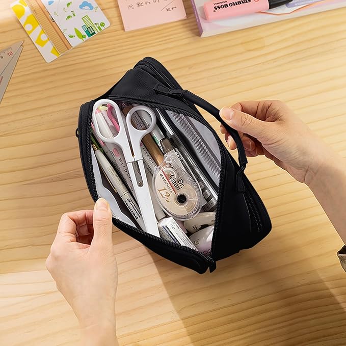 MAMUNU Pencil Case Large Capacity with 3 Compartments, Pencil Case Pouch Bag with Zipper Handle Portable Pen Stationery Organizer for Teen Girls Boys Adults College School Office Travel, Black