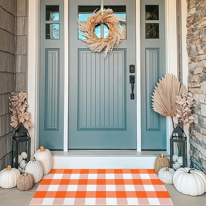 KIMODE Fall Door Mat Outdoor Orange and White 24"x51",Halloween Doormat,Washable Cotton Buffalo Plaid Check Front Door Rug for Layering Rugs,Halloween Porch Decorations,Entryway,Farmhouse