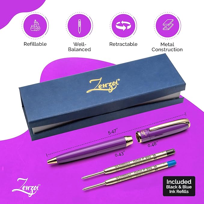 ZenZoi Purple Ballpoint Pen – Beautiful Pen w/Gold Trim. Nice, Smooth Writing Schmidt Ink Refills. Fancy, Luxury Pen Gift Set for Women, Men. Retractable, Professional, Journaling Pen