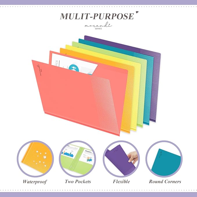 H4D Plastic 2 Pocket Folders with Prongs, Letter Size, Primary Colors, 6 Pack