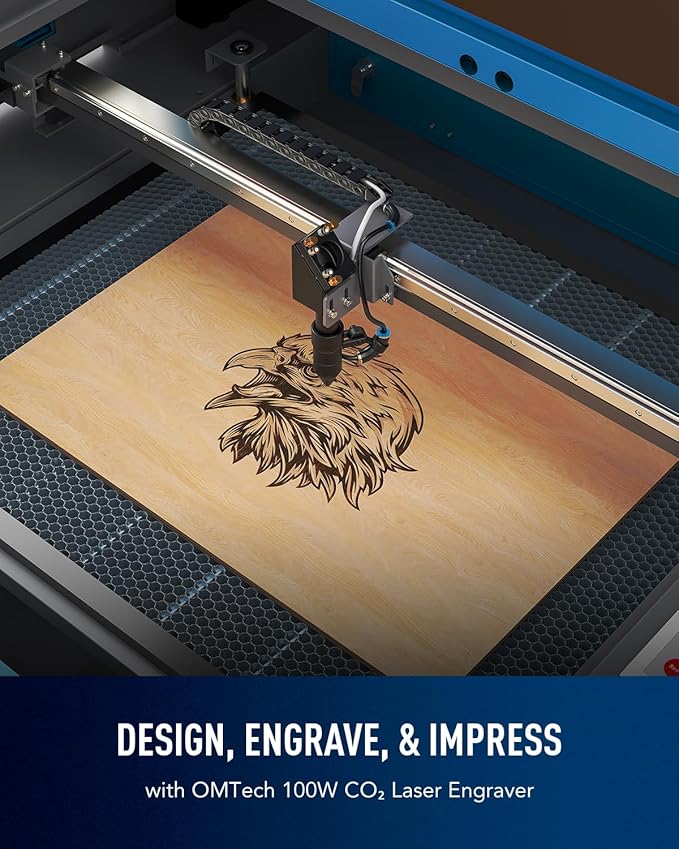 OMTech 100W CO2 Laser Engraver with LightBurn & Water Chiller, 20"x28" Laser Engraving Cutting Machine with 4 Way Pass Through Air Assist Wheels, Industrial Laser Cutter