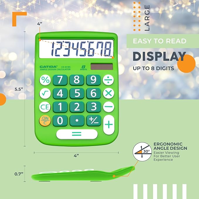 CATIGA Desktop Calculator 8 Digit with Solar Power and Easy to Read LCD Display, Big Buttons, for Home, Office, School, Class and Business, 4 Function Small Basic Calculators for Desk, CD-8185