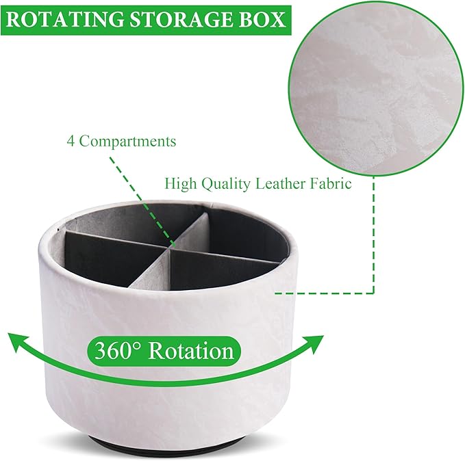 Hennaja Round Leather Art Supply Organizer,Remote Control Holder,360 Degree Spinning,Multi-Functional Pencil Holder,4 Compartments Desktop Stationary Organizer(1-Hill White)