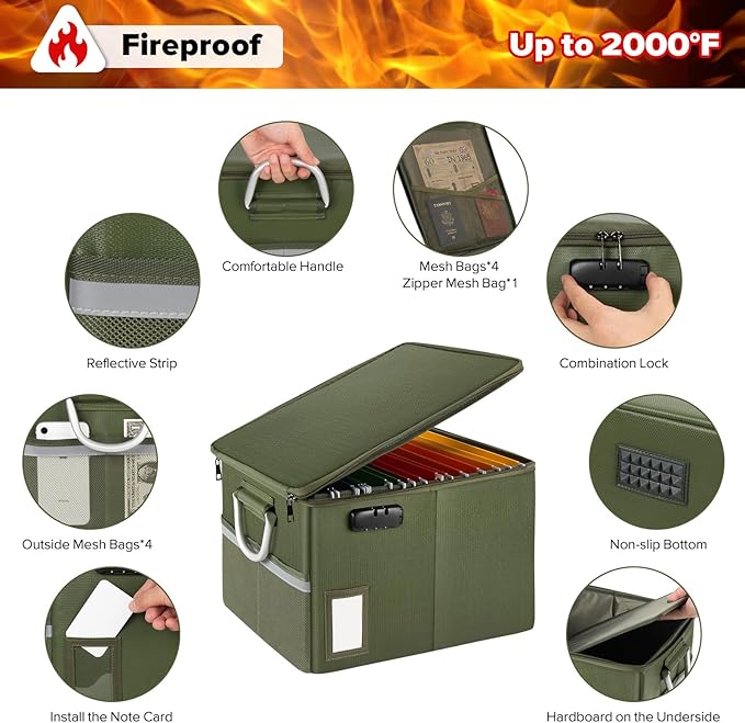 TOMKID Fireproof Document Box, Fire Proof Safe Box for Home Document Organizer with Lock, Fire Organizer Office Storage Cabinet for Hanging Letter/Legal Folder 16.1 x 12.9 x 11in (Green)