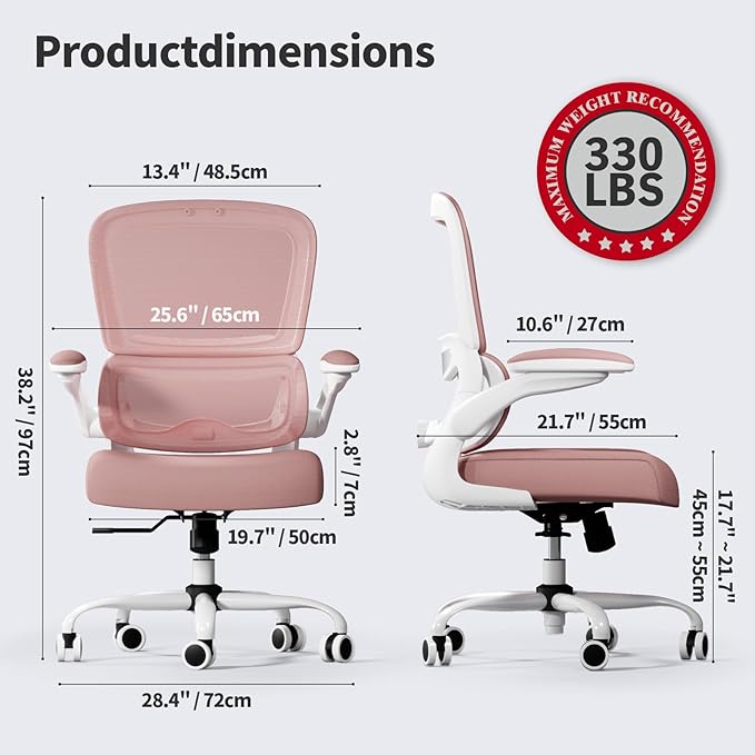 TRALT Office Chair - Ergonomic Desk Chair with Adjustable Lumbar Support, Mesh Computer Chair, Executive Chairs for Home Office Comfortable Lumbar Support (Pink)