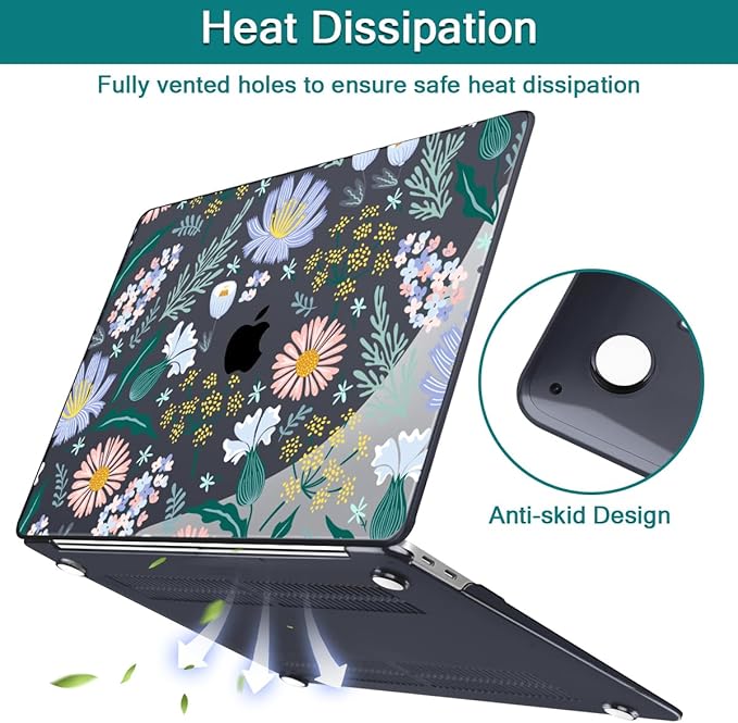 Teryeefi for MacBook Pro 13 inch Case 2024,2022-2016 Release Model M2 M1 A2338 A2289 A2251 A2159 A1989 A1706 with Touch Bar, Design Hard Shell Cover with Keyboard Cover, Elegant Flowers Leaves